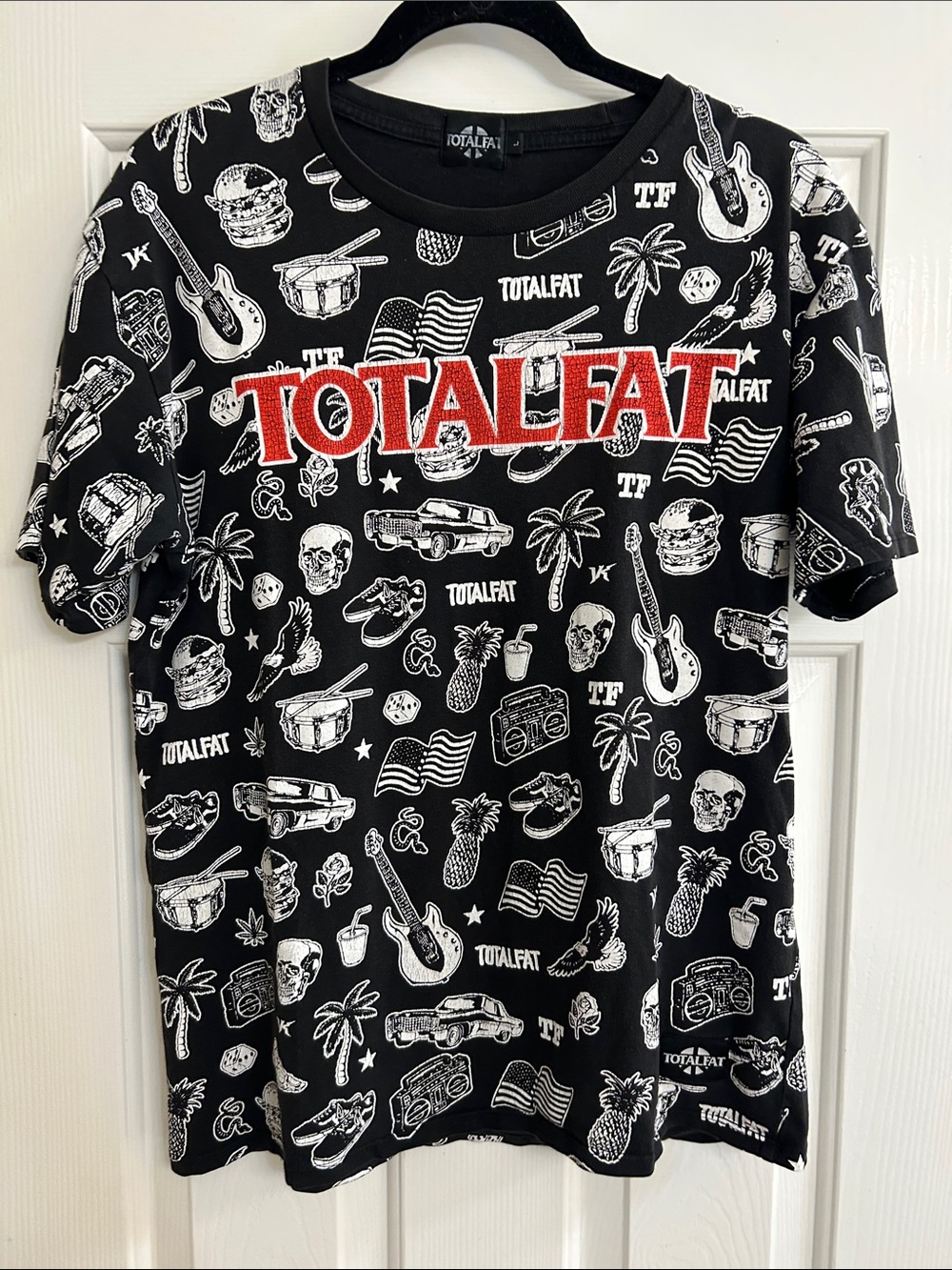 Total Fat All Over Print Graphic T Shirt Black Streetwear Japanese Punk Skate L